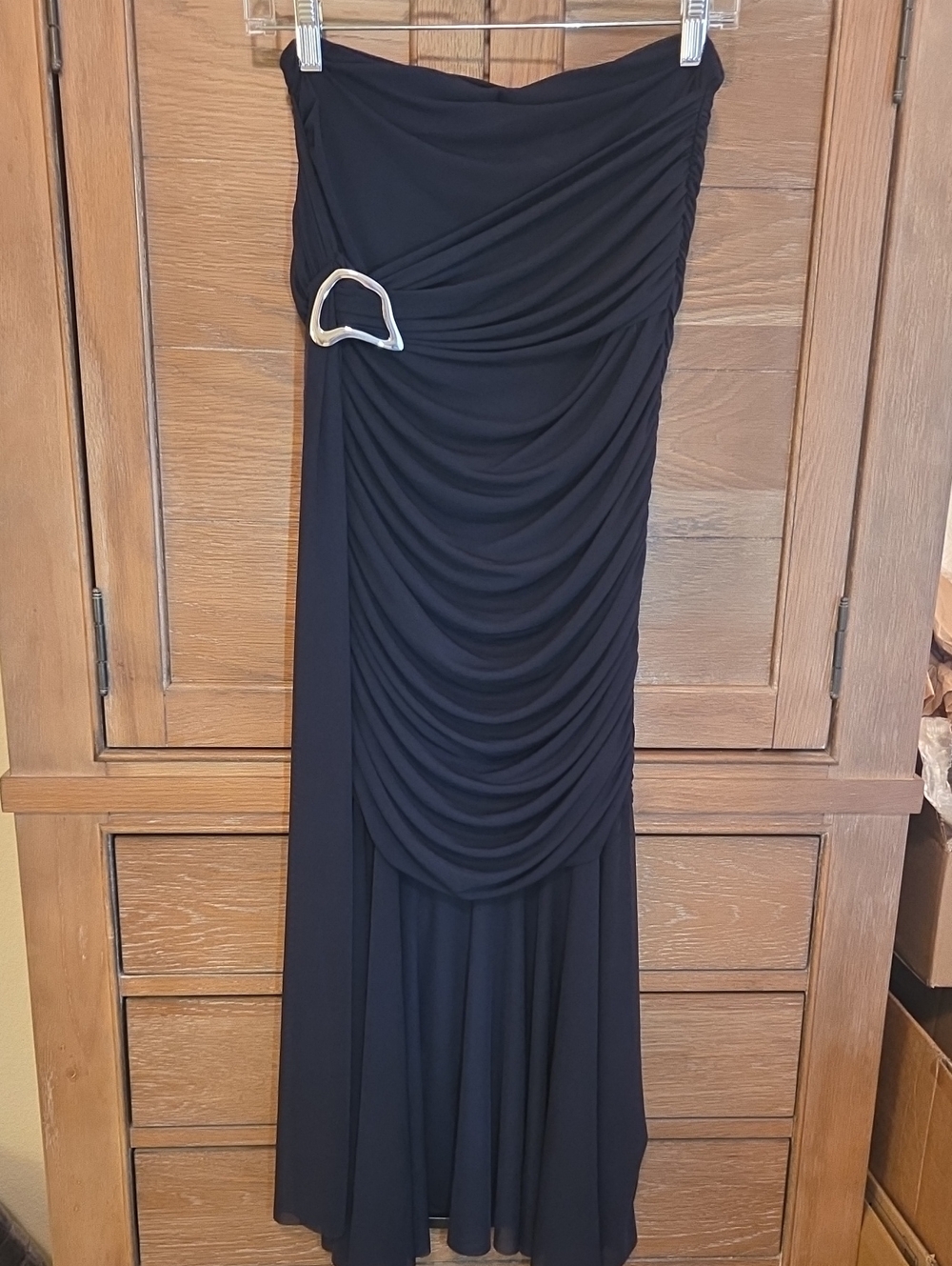 Anthropologie Black Strapless Ruched Dress with Silver Buckle Accent Size S